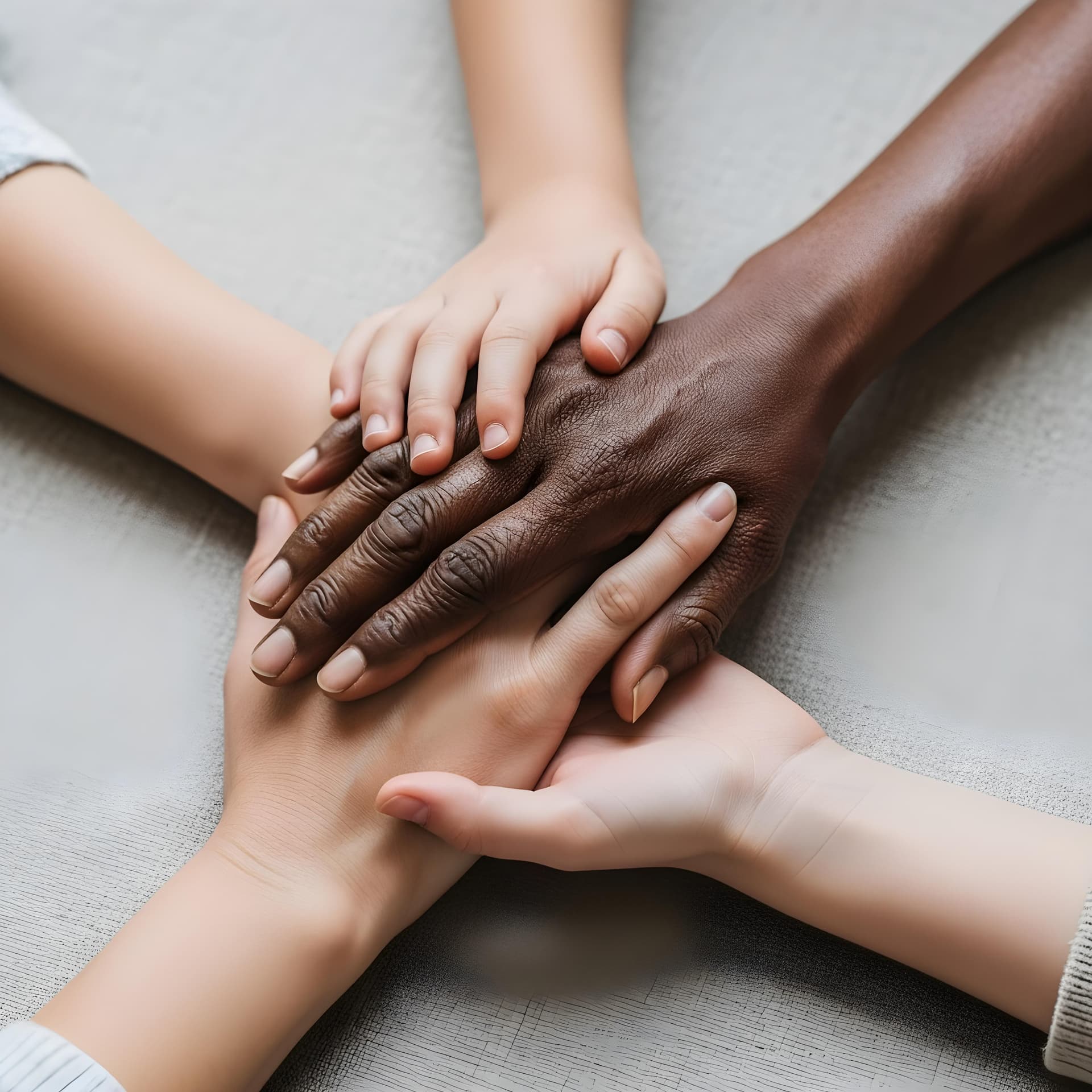 Hands of different ages and backgrounds joined together