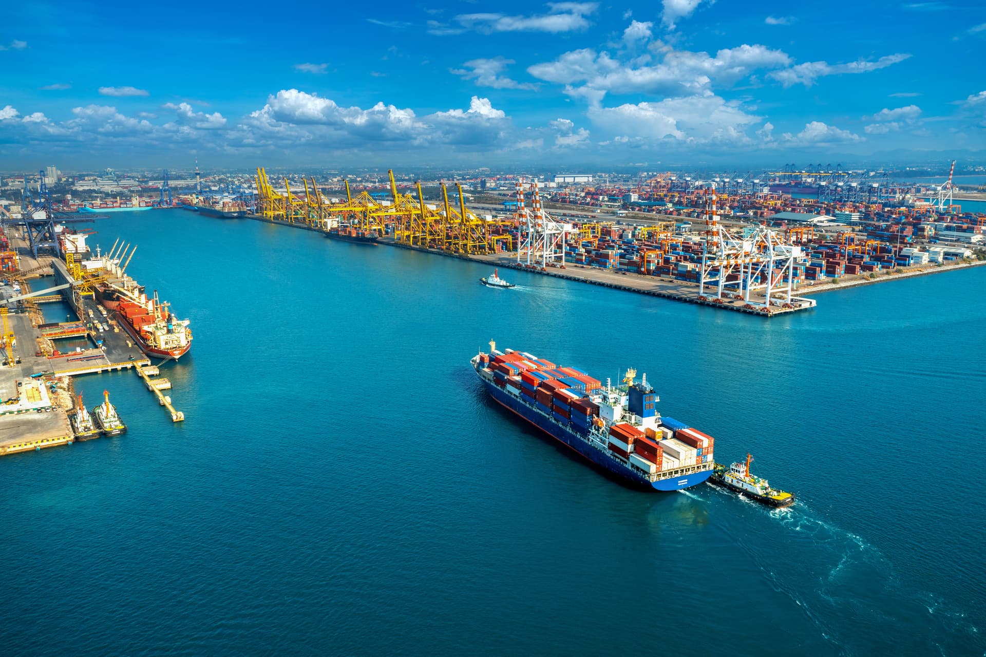 Aerial view of a busy shipping harbor